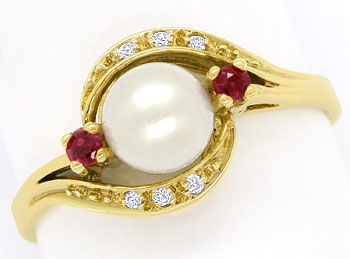 Foto 1 - Gelbgoldring mit Diamanten Rubinen und Perle in 14Karat, R8505